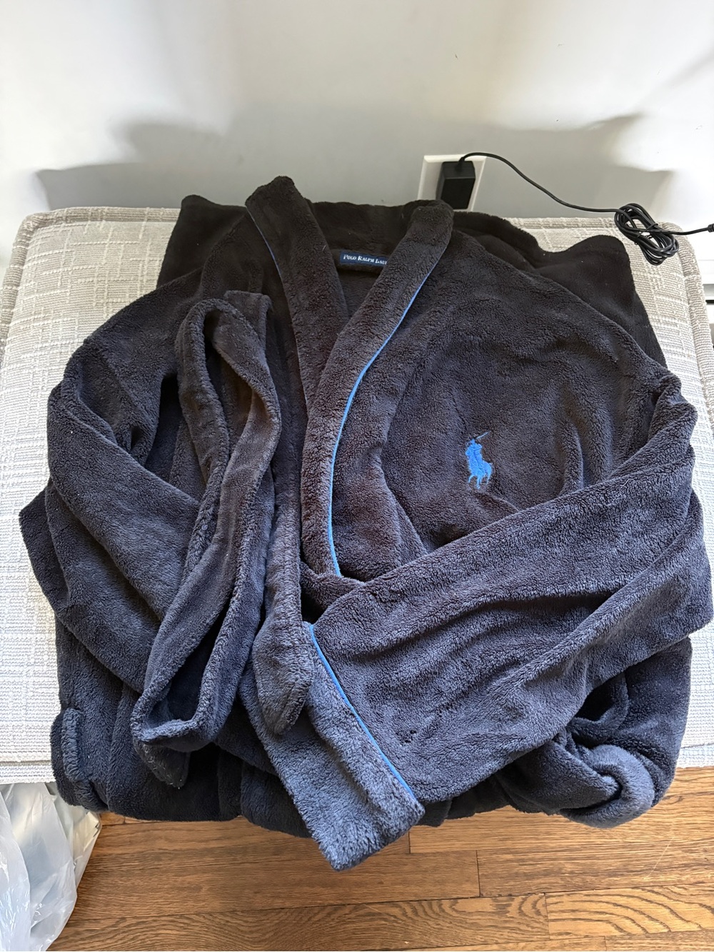 Polo by Ralph Lauren Men's Dark Navy Plush Robe with Light Blue Pony